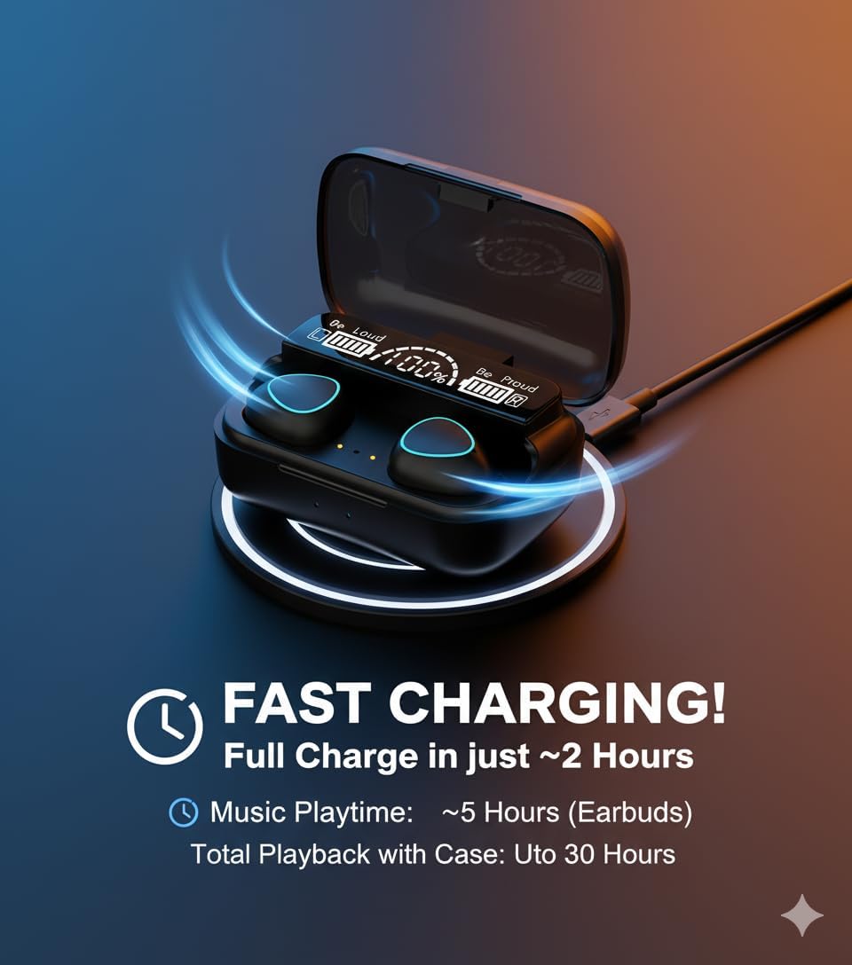 M10 TWS Wireless Earbuds, Bluetooth Earphone with Charging Box, Touch Control, LED Sports Stereo Earbuds, Built-in Mic, Immersive HD Sound, Compatible with iPhone, Samsung, Android, Black