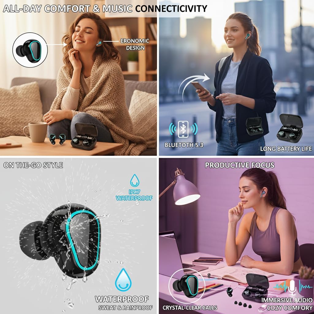 M10 TWS Wireless Earbuds, Bluetooth Earphone with Charging Box, Touch Control, LED Sports Stereo Earbuds, Built-in Mic, Immersive HD Sound, Compatible with iPhone, Samsung, Android, Black