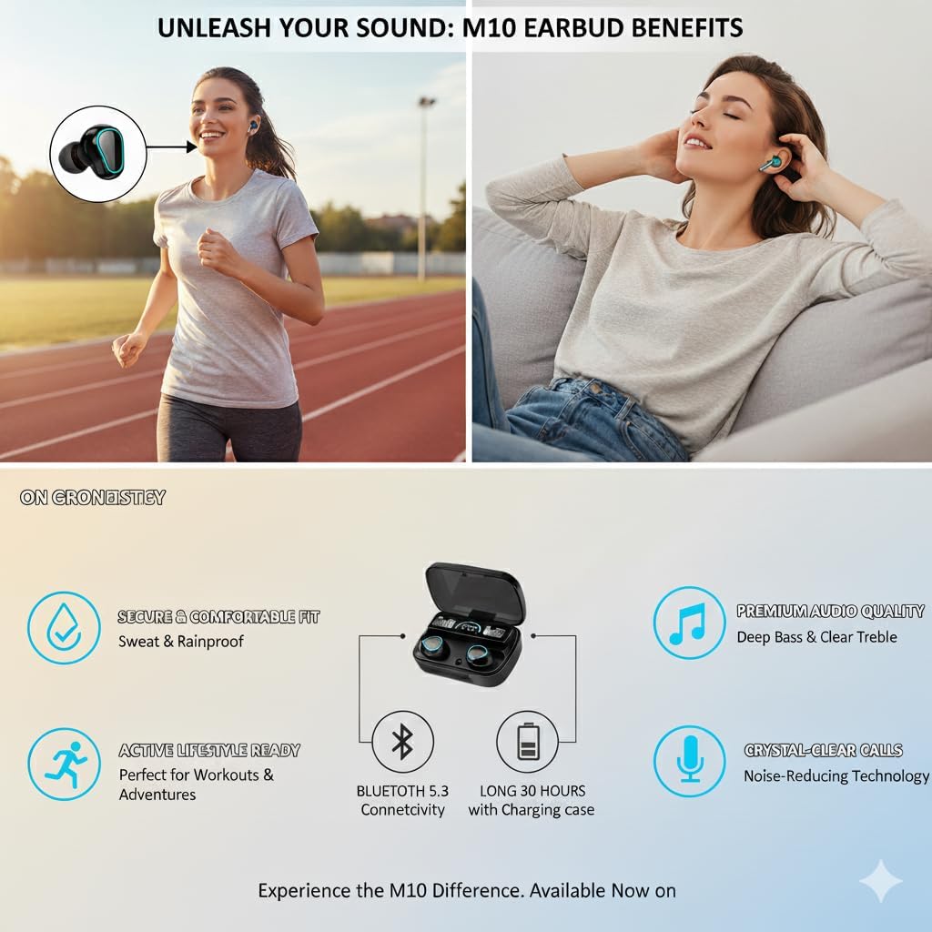M10 TWS Wireless Earbuds, Bluetooth Earphone with Charging Box, Touch Control, LED Sports Stereo Earbuds, Built-in Mic, Immersive HD Sound, Compatible with iPhone, Samsung, Android, Black