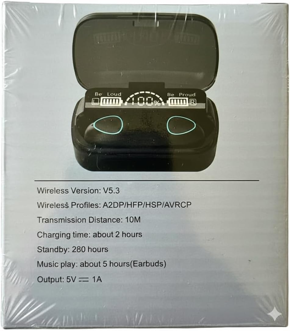 M10 TWS Wireless Earbuds, Bluetooth Earphone with Charging Box, Touch Control, LED Sports Stereo Earbuds, Built-in Mic, Immersive HD Sound, Compatible with iPhone, Samsung, Android, Black