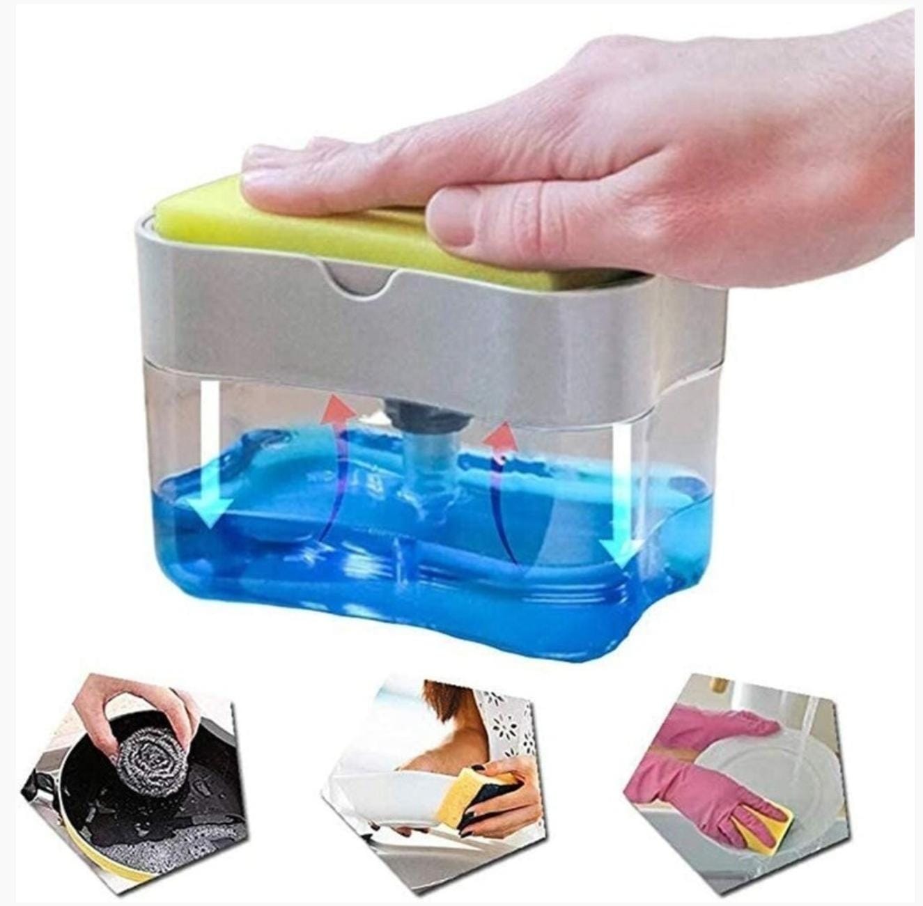 Soap pump with sponge 2 in 1 Automatic Soap Dispenser 1pc Hand Press Hand Sanitizer Liquid Soap Pump Organizer for Kitchen BathroomFeature:Press the soap liquid box suit, wash the dishes with a brush,