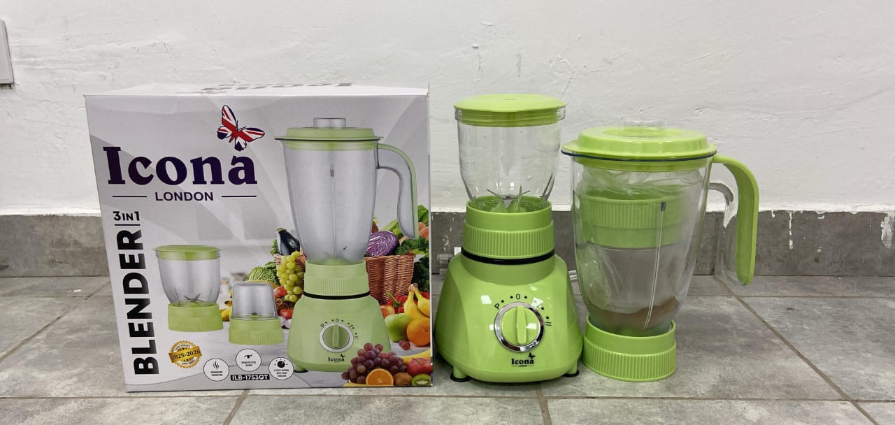 Powerful Motor – Efficient performance for daily use, ICONA 3 In 1 Blender, Grinder and Chopper 1.5L, allows you to blend smoothies and juices, grind spices and coffee beans, and handle dry ingredient