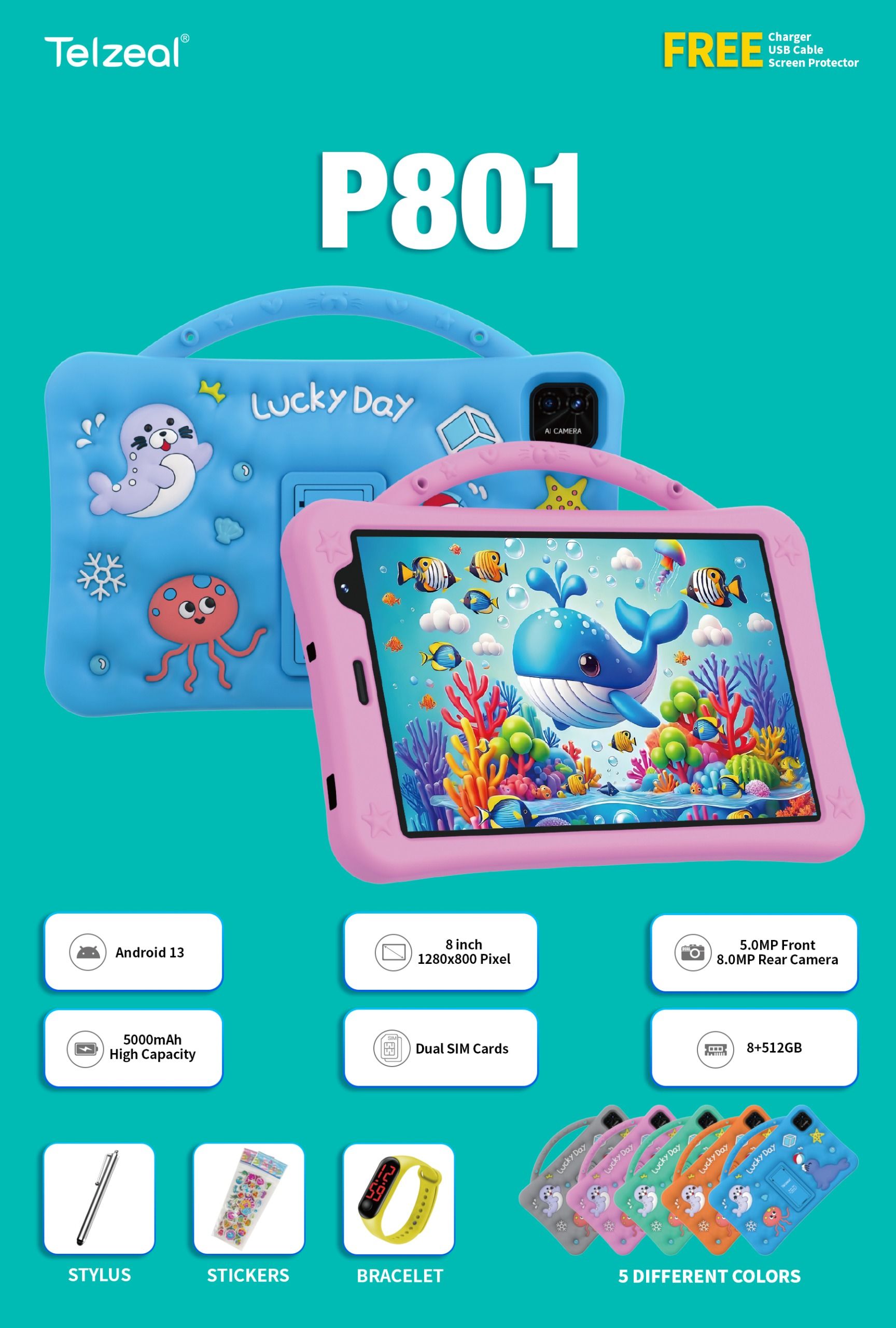 TELZEAL P801 Kids Tablet 8” Android | Online Study Learning Tablet, 5000mAh, Dual SIM, WiFi | Parental Control, Educational Games, Kids Tablet with 12 Months  Warranty