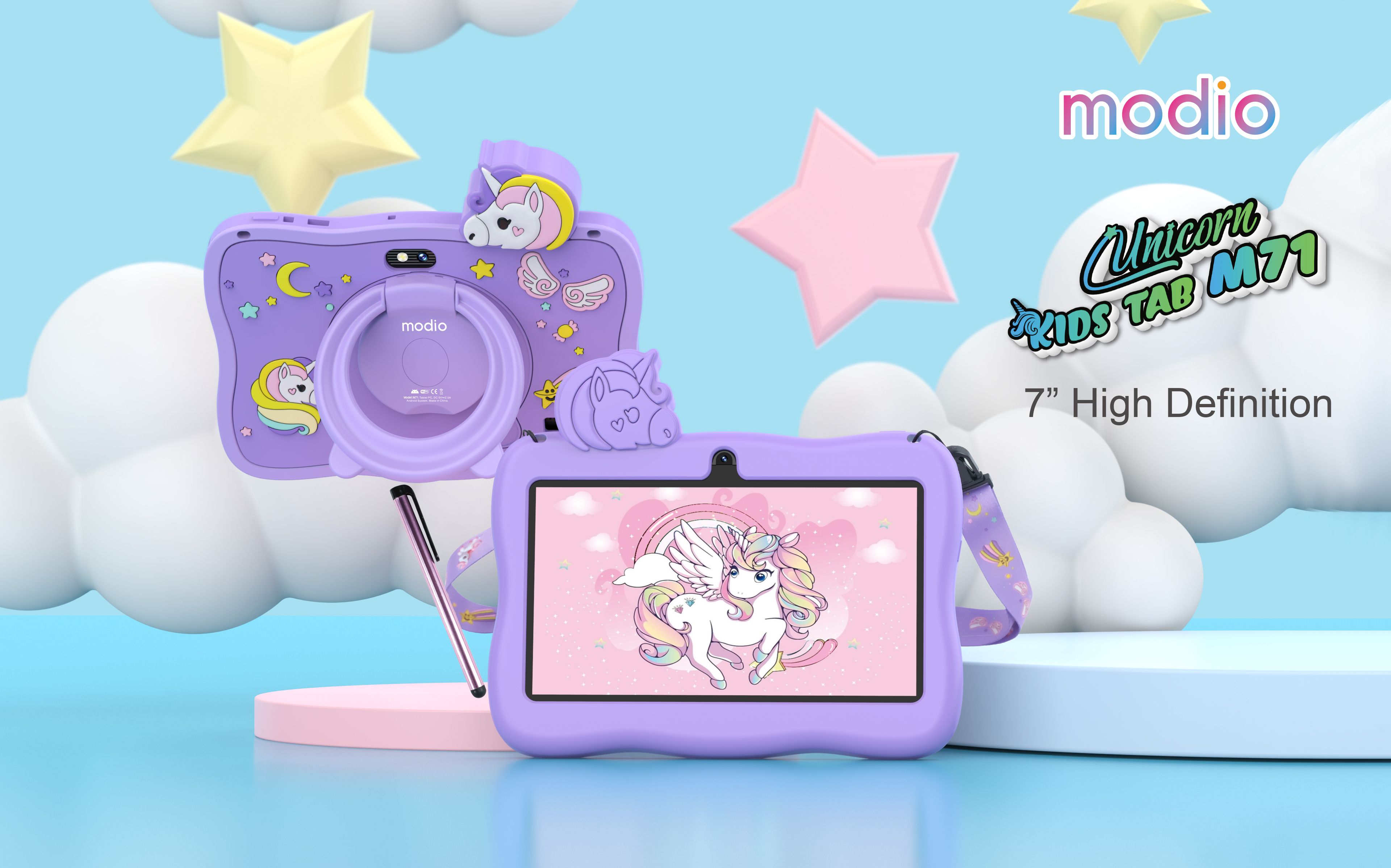 Modio M71 7 Inch Kids Tablet – 6GB RAM 128GB Storage, 3000mAh Battery, WiFi Only, Android Learning Tablet, Educational Games, Parental Control, Pink & Blue, Safe Fun for Children