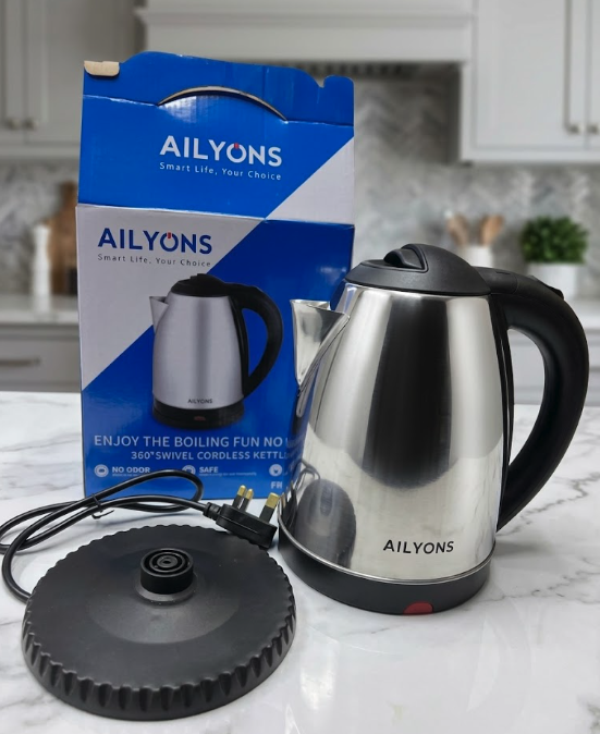 Alyons 1.8L Premium Electric Kettle – Rapid Boil Stainless Steel – Auto-Shutoff & Boil-Dry Protection which is rust-resistant and easy to clean.