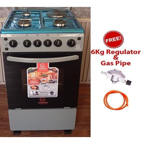 Eurochef 50x55, 3 Gas Jet Burners + 1 Hot Plate, Electric Oven, Rotisserie, Silver Standing Gas Cooker