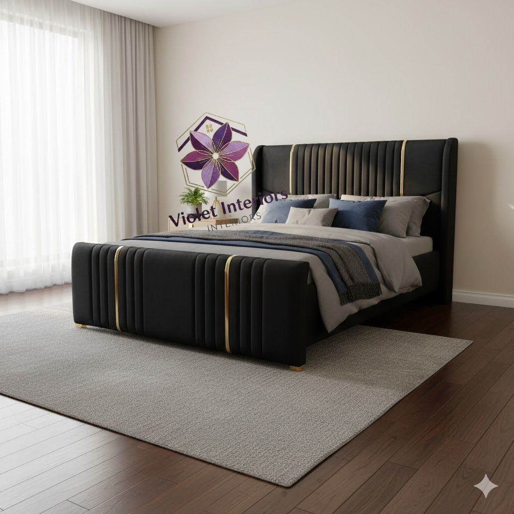 【PROMOTION】Modern Chester Beds Deep Blue Velvet Bed Frame High Quality Durable Beds Vertical Panel Design with Golden Accents (Without mattress)