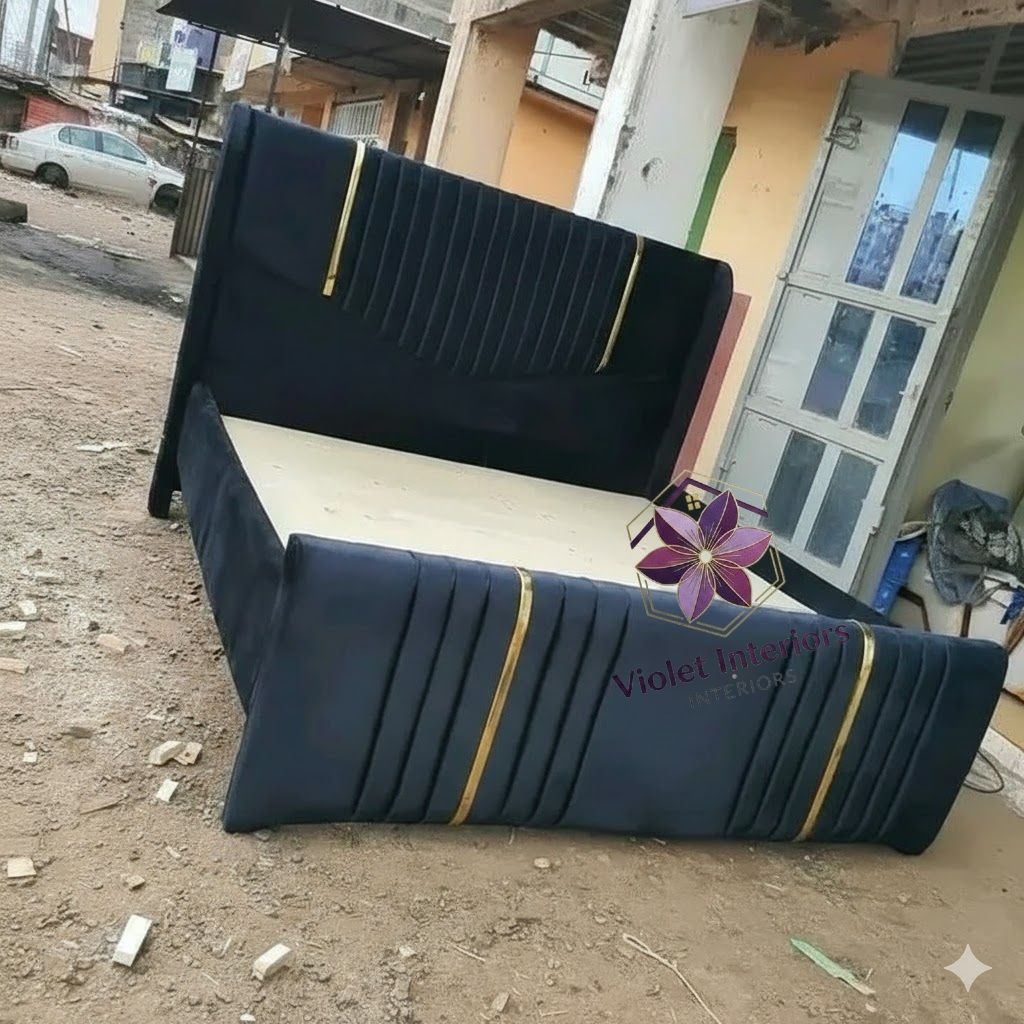 【PROMOTION】Modern Chester Beds Deep Blue Velvet Bed Frame High Quality Durable Beds Vertical Panel Design with Golden Accents (Without mattress)