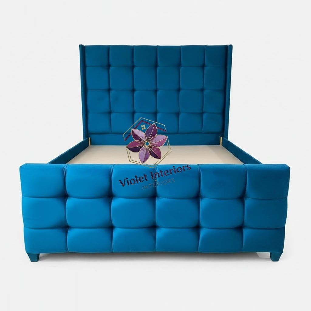 【PROMOTION】Modern Chester Beds Blue Velvet Bed Frame High Quality Durable Beds Vertical Panel Design with Golden Accents (Without mattress)