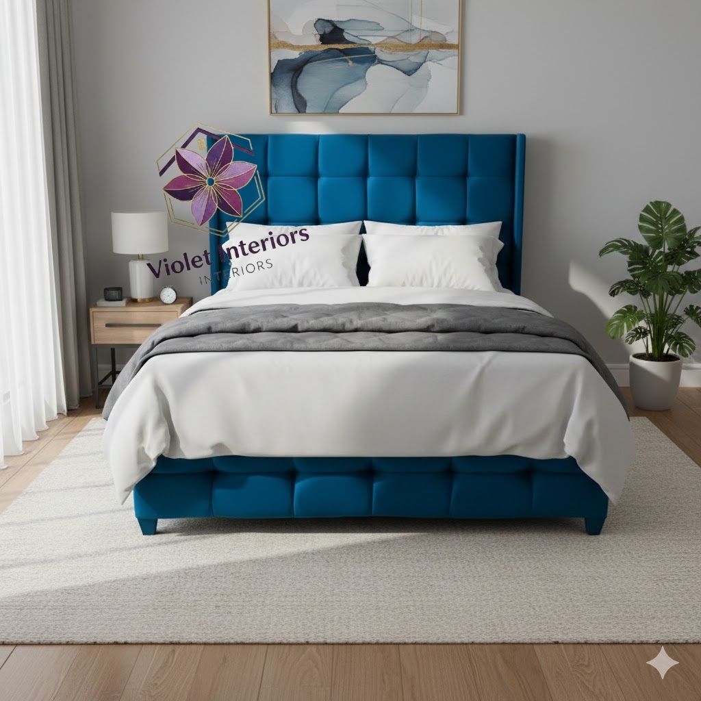 【PROMOTION】Modern Chester Beds Blue Velvet Bed Frame High Quality Durable Beds Vertical Panel Design with Golden Accents (Without mattress)