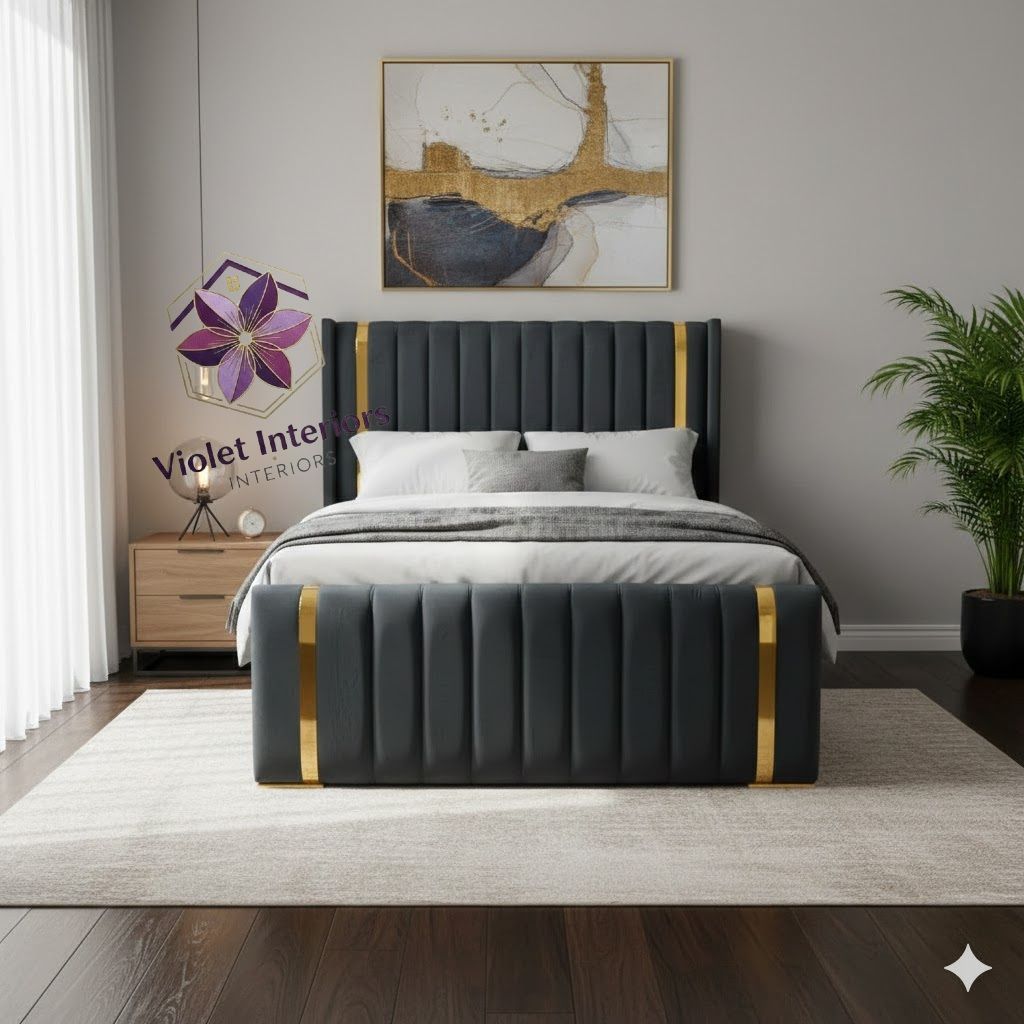 【PROMOTION】Modern Chester Beds Deep Blue Velvet Bed Frame High Quality Durable Beds Vertical Panel Design with Golden Accents (Without mattress)