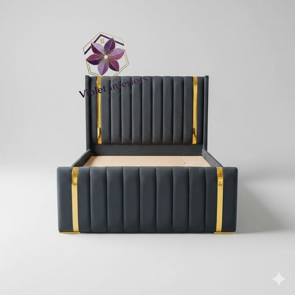 【PROMOTION】Modern Chester Beds Deep Blue Velvet Bed Frame High Quality Durable Beds Vertical Panel Design with Golden Accents (Without mattress)