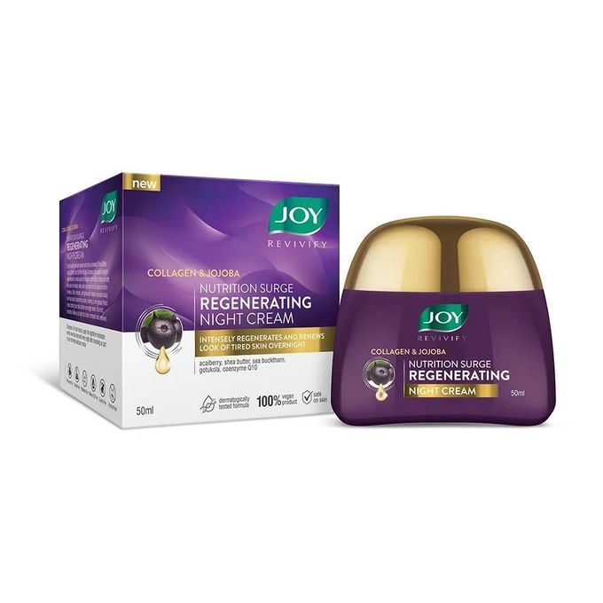 JOY REVIVIFY Regenerating Night Cream for Glowing Skin (50gm) With Jojoba, Collagen, Shea Butter, Q10 & Gotu Kola for Renewing Tired Skin Overnight & Prevent Premature Ageing. Moisturizes, Smooths