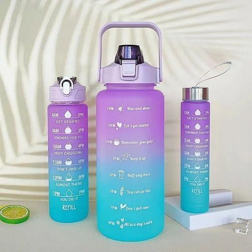 3 In 1 Water Bottle Pack of 3 Water Bottles, 2Litres/750Ml/300Ml Sports Water Bottles, Leakproof & BPA Free, Motivational Water Bottles with Time Marker for Outdoor Sports, Fitness, Office