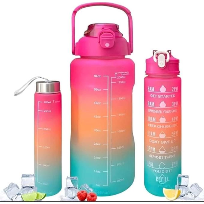 3 In 1 Water Bottle Pack Of 3 Water Bottles, 2Litres/750Ml/280Ml Sports Water Bottles, Leakproof & BPA Free, Motivational Water Bottles With Time Marker For Outdoor Sports, Fitne