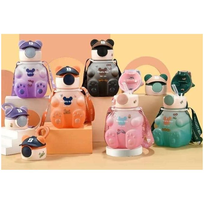 Cute Teddy Bear Plastic Water Bottle with Straw