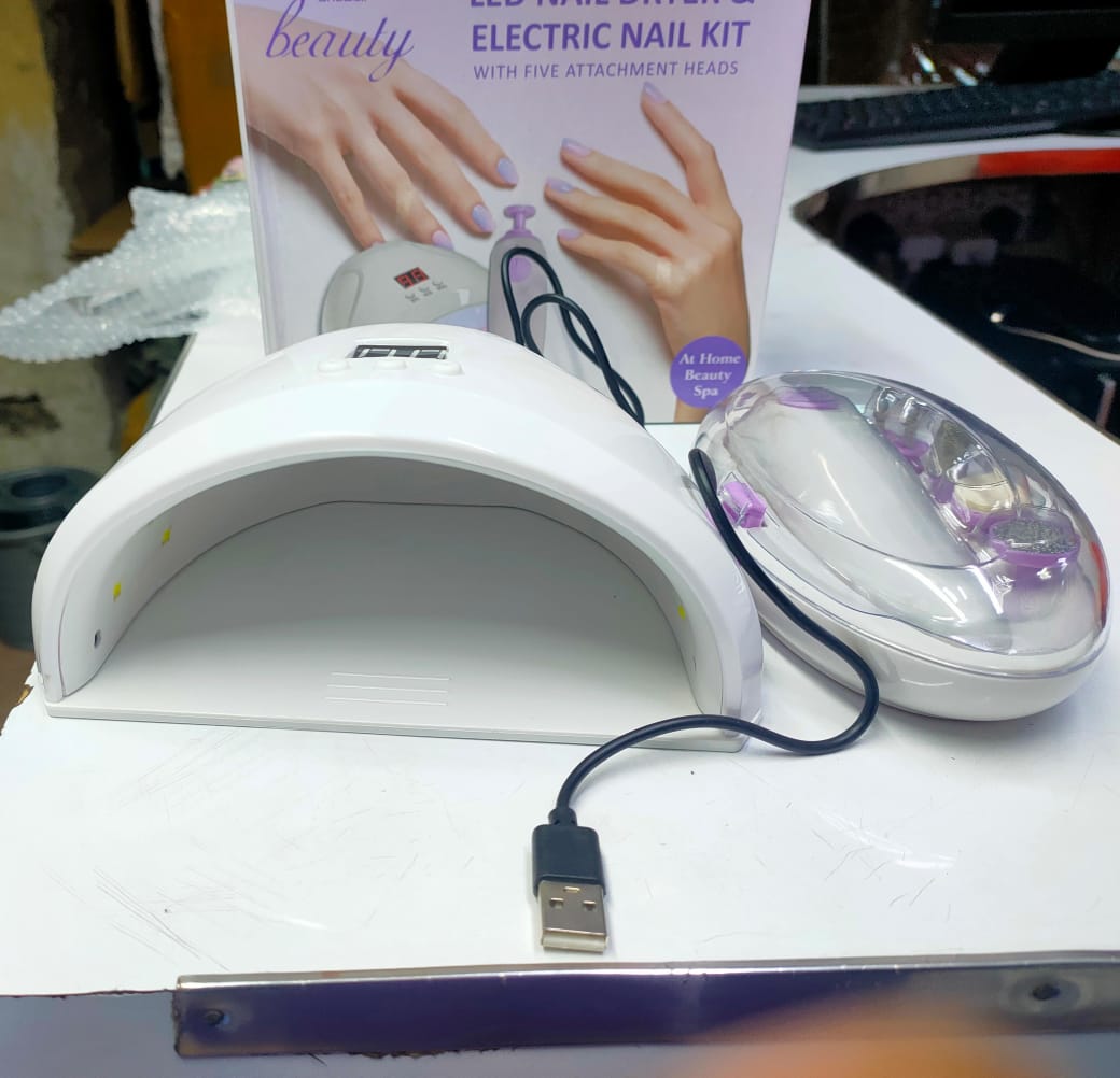 2-in-1 LED Nail Dryer and Electric Nail Kit with 5 Attachments, Professional Nail Care Set for Home Use, Fast Drying UV LED Light, Electric Nail Drill for Manicure Pedicure, Adjustable Speed, Safe and