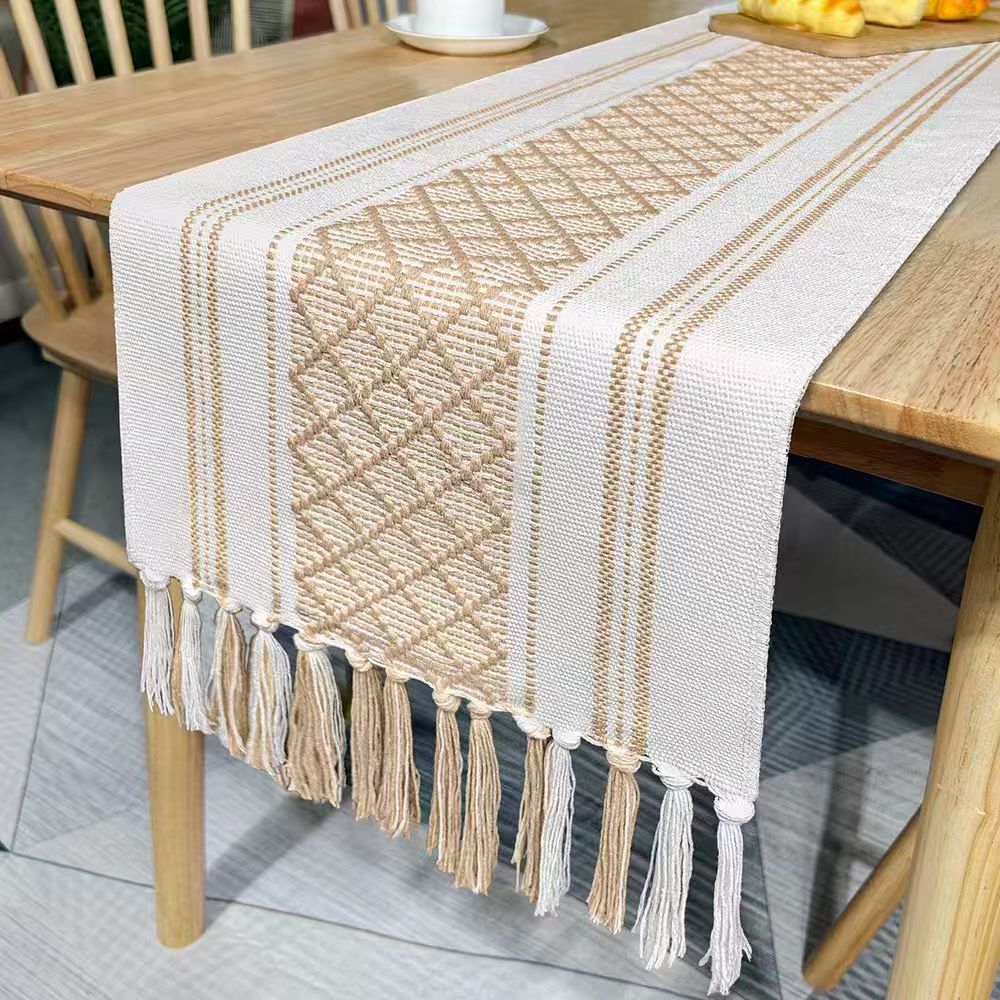 Boho splicing table runner, Blend of cotton and linen, Handwoven pattern with tassel on the end, 30×180