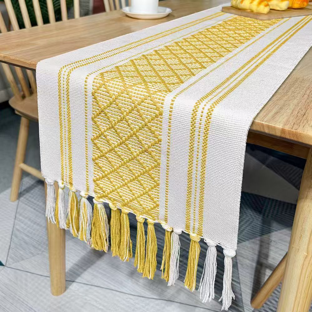 Boho splicing table runner, Blend of cotton and linen, Handwoven pattern with tassel on the end, 30×180