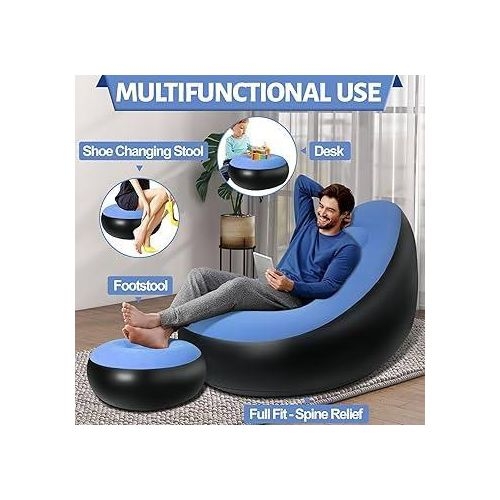 Inflatable sofa seat with foot stool and manual pump .Flocked Surface inflatables Couch, Waterproof Blow Up chair,Comfortable inflatable Couch for Camping,Gaming.