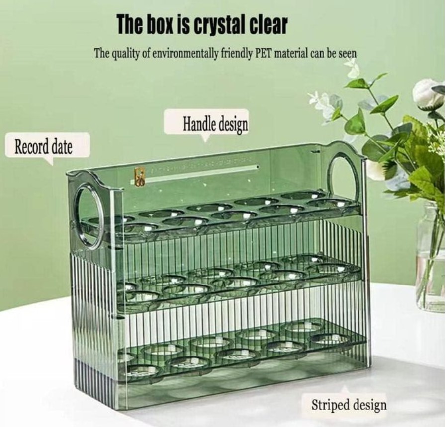 30-Piece Egg Storage Tray with Roll-Up Flip Lid – Fridge Organizer Egg Holder Container