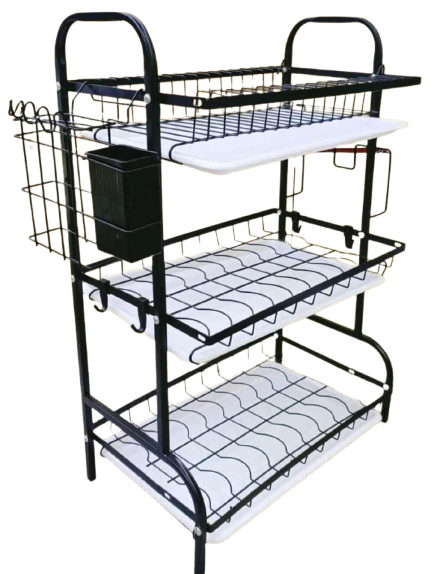 3-Tier Kitchen Dish Drying Rack with Drain Trays – Multifunctional Metal Dish Drainer Stand with Utensil Holder, Cup Holder & Hooks– Space Saving Kitchen Organizer