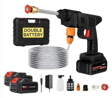 Wireless Car Wash Spray Gun Machine with Portable Lithium Battery, High Pressure Cordless Water Gun Cleaner with 2 Batteries for Car, Garden & Home Cleaning