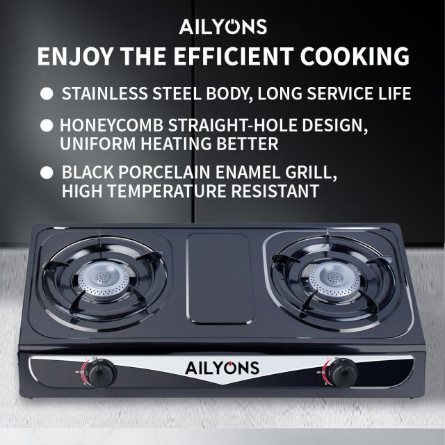 Ailyons 2 Burner Stainless Steel Gas Stove GS013-3 Tabletop Cooker with Auto Ignition, Heavy-Duty Steel Body, Energy-Efficient Whirlwind Burners & Enamel Pan Support for Fast Cooking
