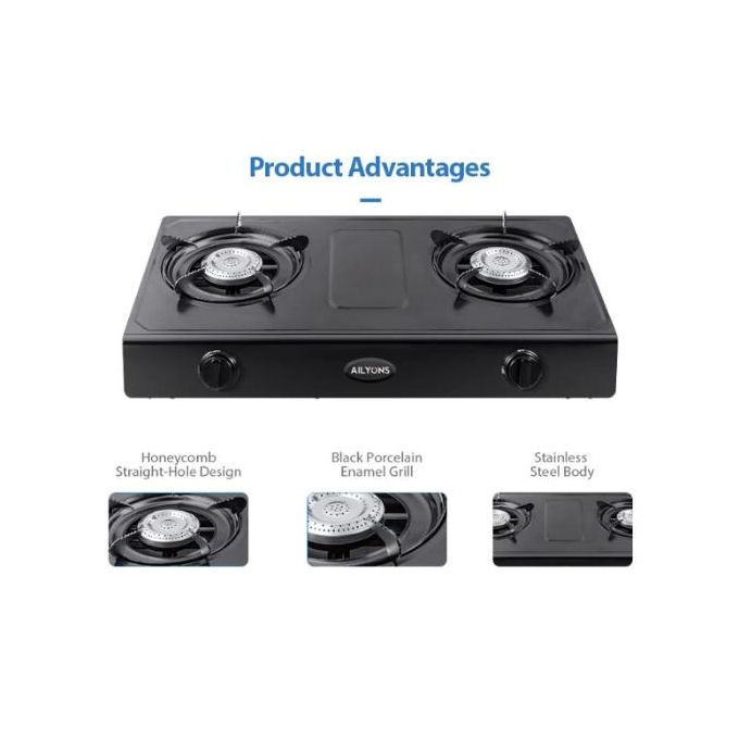Ailyons 2 Burner Stainless Steel Gas Stove GS013-3 Tabletop Cooker with Auto Ignition, Heavy-Duty Steel Body, Energy-Efficient Whirlwind Burners & Enamel Pan Support for Fast Cooking