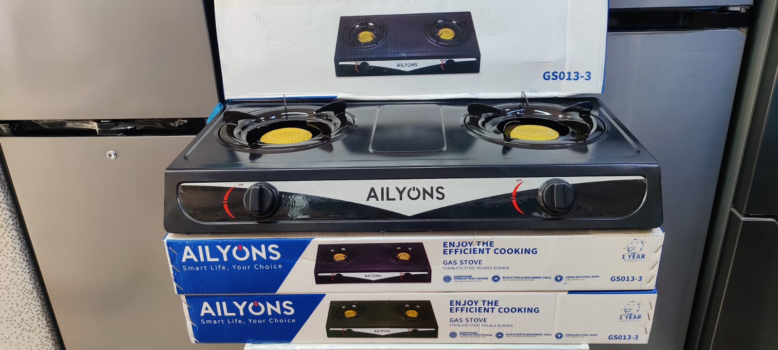 Ailyons 2 Burner Stainless Steel Gas Stove GS013-3 Tabletop Cooker with Auto Ignition, Heavy-Duty Steel Body, Energy-Efficient Whirlwind Burners & Enamel Pan Support for Fast Cooking