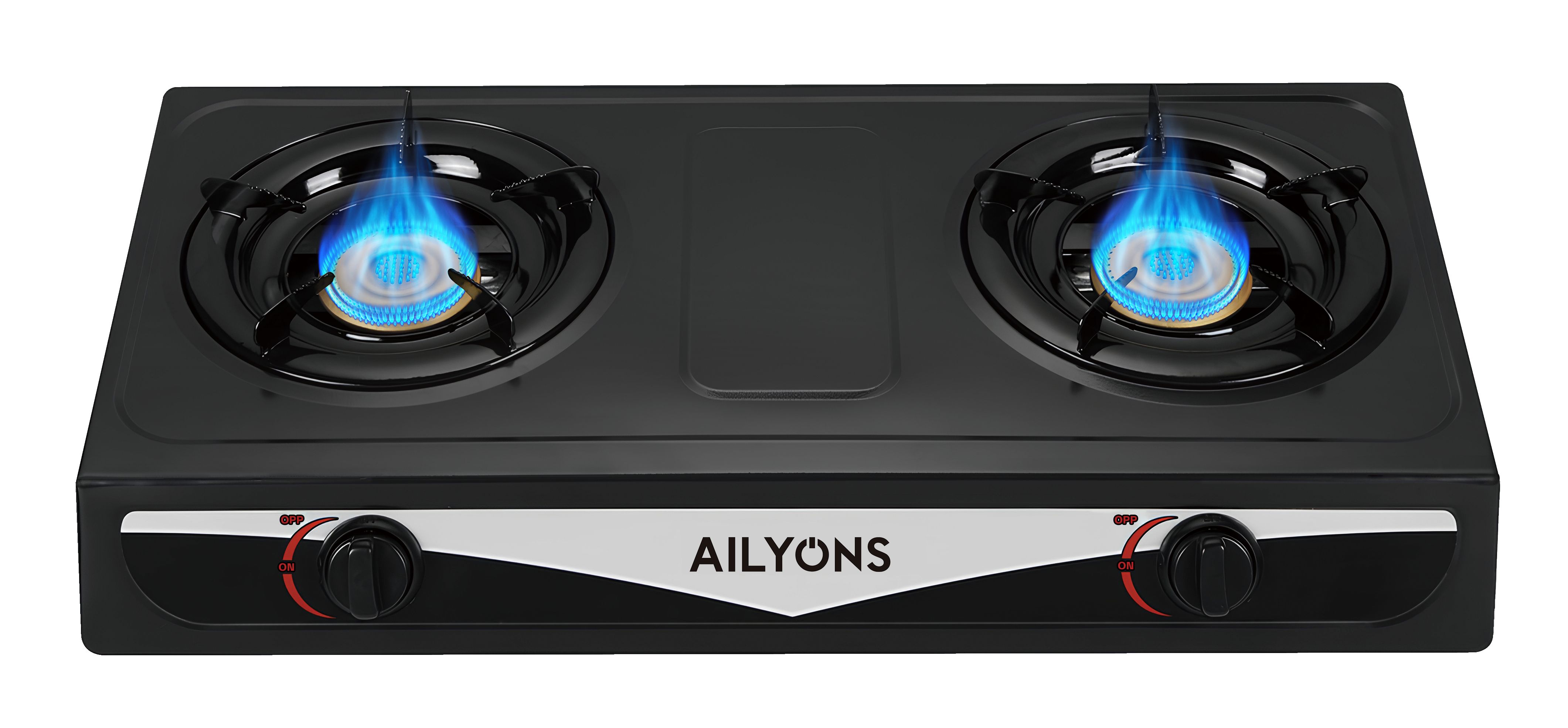 Ailyons 2 Burner Stainless Steel Gas Stove GS013-3 Tabletop Cooker with Auto Ignition, Heavy-Duty Steel Body, Energy-Efficient Whirlwind Burners & Enamel Pan Support for Fast Cooking