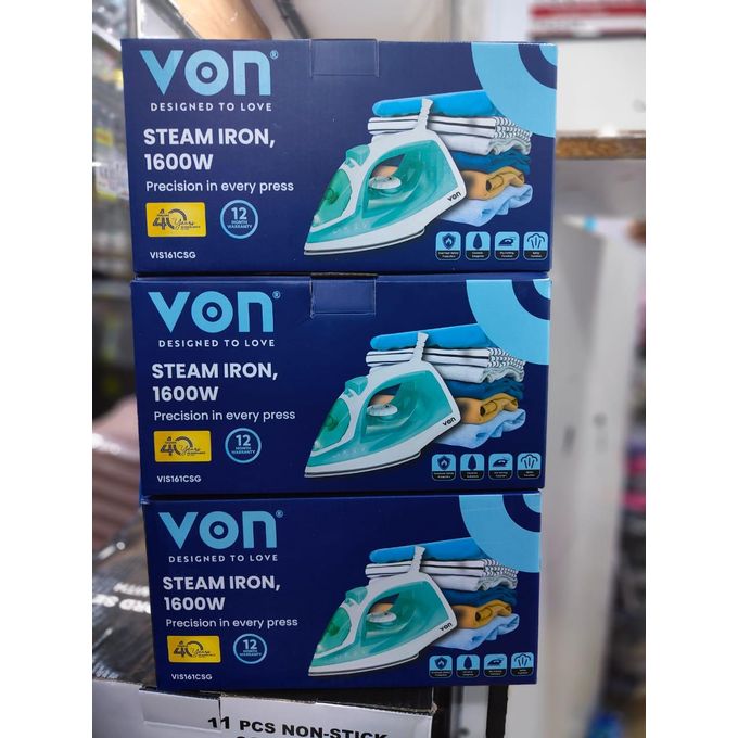 Von Steam Iron 1600W with Powerful Steam Burst, Non-Stick Soleplate, Adjustable Temperature Control, Vertical Steam Function, Anti-Drip System, Self-Cleaning Feature, Fast Heating Iron Box