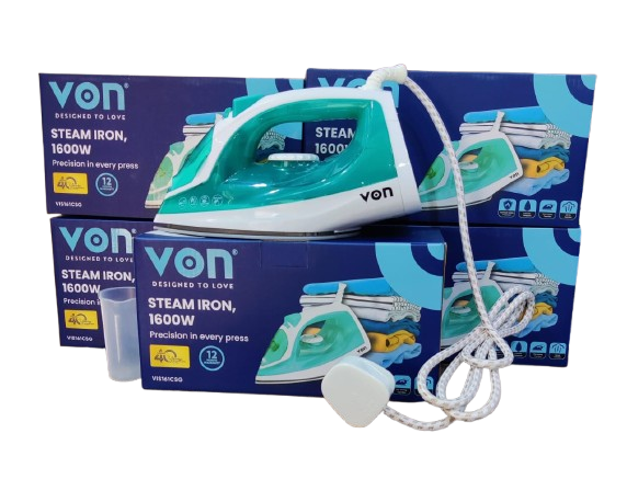 Von Steam Iron 1600W with Powerful Steam Burst, Non-Stick Soleplate, Adjustable Temperature Control, Vertical Steam Function, Anti-Drip System, Self-Cleaning Feature, Fast Heating Iron Box