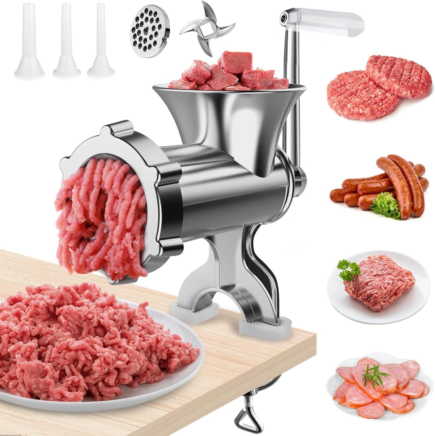 12-Inch Alloy Manual Meat Mincer Grinder Heavy Duty Hand Crank with Stainless Steel Blades, Clamp-On Kitchen Meat Grinder for Sausage, Beef, Chicken, Vegetables Durable Food Processor