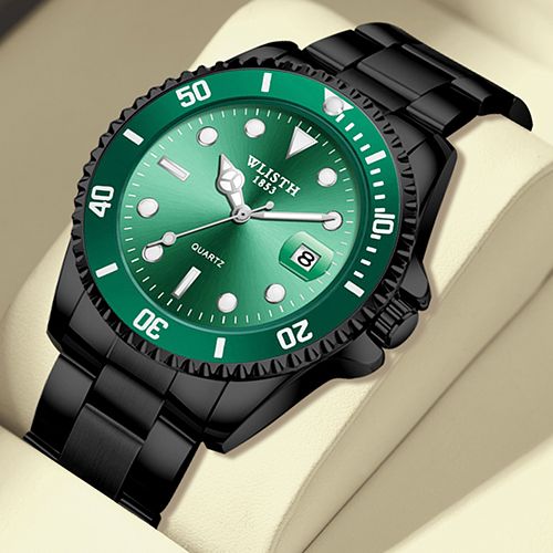 Men Rotatable Bezel Blue Dial Luminous Watch Gold Stainless Steel Band Waterproof Analog Quartz Watches(Gift box giveaway)