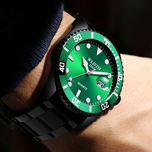 Men Rotatable Bezel Blue Dial Luminous Watch Gold Stainless Steel Band Waterproof Analog Quartz Watches(Gift box giveaway)