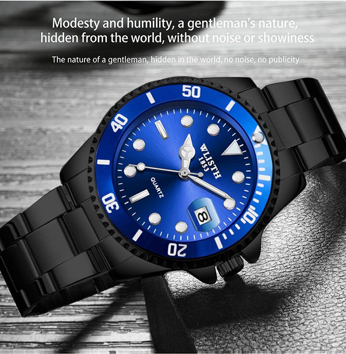 Men Rotatable Bezel Blue Dial Luminous Watch Gold Stainless Steel Band Waterproof Analog Quartz Watches(Gift box giveaway)