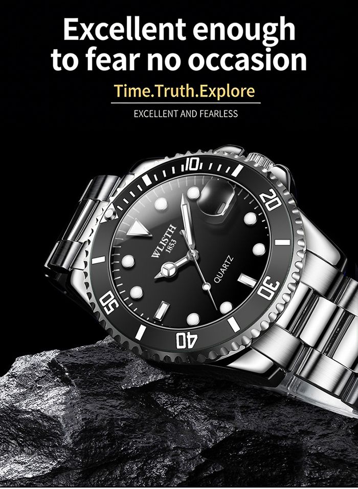 Men Rotatable Bezel Blue Dial Luminous Watch Gold Stainless Steel Band Waterproof Analog Quartz Watches(Gift box giveaway)