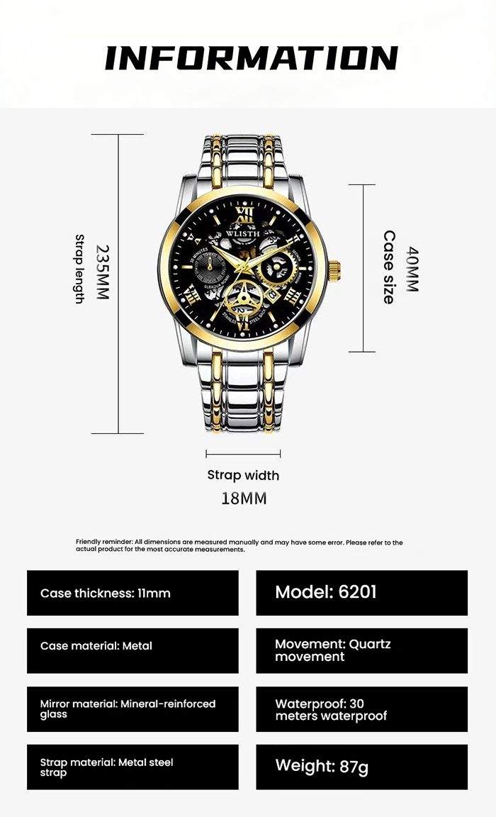 Skeleton Watch for Men Stainless Steel Chronograph Watch for Men Classic Waterproof Mens Watches with Date Luxury Business Men's Analog Wrist Watches(gift box)