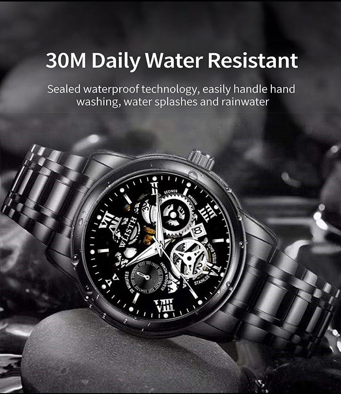 Skeleton Watch for Men Stainless Steel Chronograph Watch for Men Classic Waterproof Mens Watches with Date Luxury Business Men's Analog Wrist Watches(gift box)