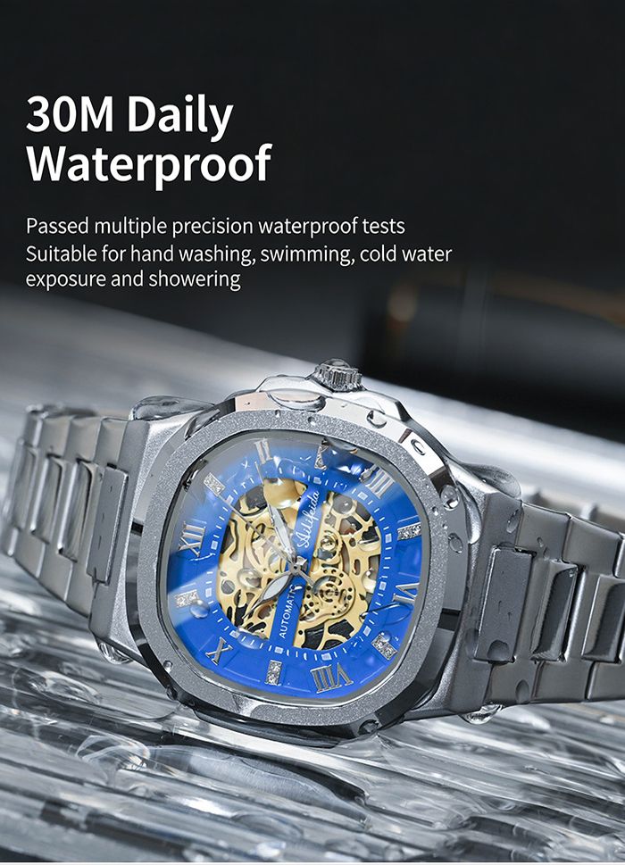Men's Skeleton Automatic Watch: Stainless Steel Band, Sapphire Crystal Mirror, Luminous, 30M Waterproof – Ideal for Business, Casual & Daily Use for Modern Men (Blue/Black/Gold/Black-Gold)