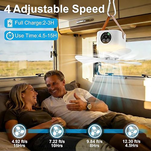 Portable Camping Ceiling Fan,LED Hanging Tent Fan With Remote&Timer,  Rechargeable Battery, 360° Adjustable Head, 4 Speeds&Brightness for Tent,Camping,RV,Travel,BBQ,Fishing
