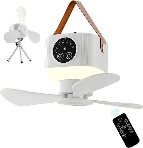 Portable Camping Ceiling Fan,LED Hanging Tent Fan With Remote&Timer,  Rechargeable Battery, 360° Adjustable Head, 4 Speeds&Brightness for Tent,Camping,RV,Travel,BBQ,Fishing