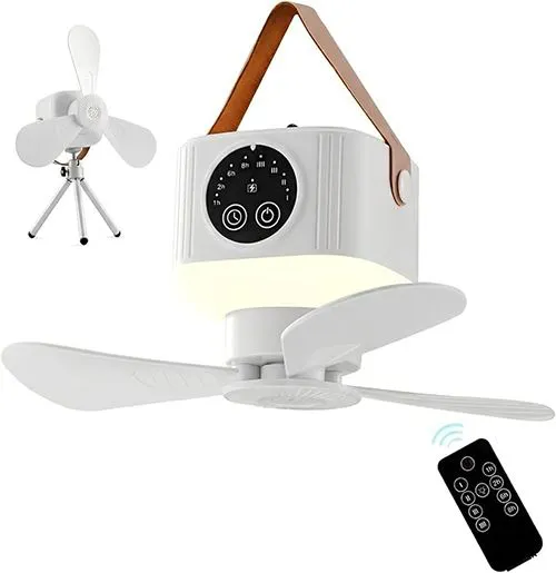 Portable Camping Ceiling Fan,LED Hanging Tent Fan With Remote&Timer,  Rechargeable Battery, 360° Adjustable Head, 4 Speeds&Brightness for Tent,Camping,RV,Travel,BBQ,Fishing