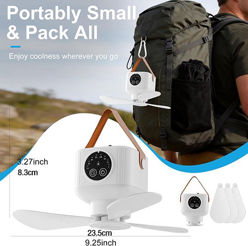 Portable Camping Ceiling Fan,LED Hanging Tent Fan With Remote&Timer,  Rechargeable Battery, 360° Adjustable Head, 4 Speeds&Brightness for Tent,Camping,RV,Travel,BBQ,Fishing