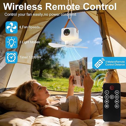 Portable Camping Ceiling Fan,LED Hanging Tent Fan With Remote&Timer,  Rechargeable Battery, 360° Adjustable Head, 4 Speeds&Brightness for Tent,Camping,RV,Travel,BBQ,Fishing