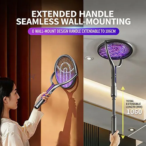 Rotating Head Electric Fly Swatter Racket Rechargeable Bug Zapper Racket Bug Zapper Indoor Fly Zapper Mosquito Zapper Flies Killer for Indoors, with a Telescopic Extension