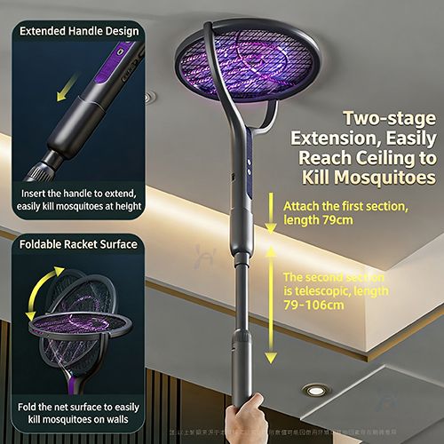 Rotating Head Electric Fly Swatter Racket Rechargeable Bug Zapper Racket Bug Zapper Indoor Fly Zapper Mosquito Zapper Flies Killer for Indoors, with a Telescopic Extension