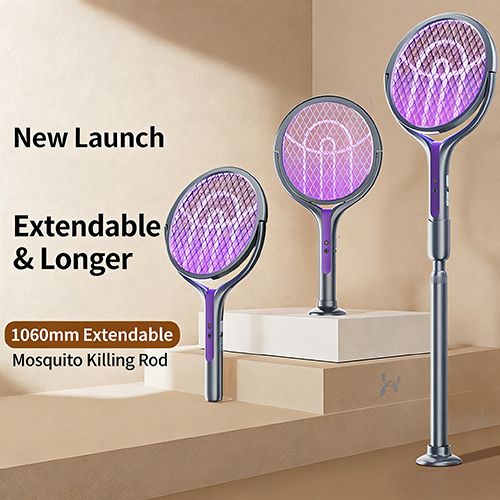 Rotating Head Electric Fly Swatter Racket Rechargeable Bug Zapper Racket Bug Zapper Indoor Fly Zapper Mosquito Zapper Flies Killer for Indoors, with a Telescopic Extension