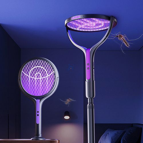 Rotating Head Electric Fly Swatter Racket Rechargeable Bug Zapper Racket Bug Zapper Indoor Fly Zapper Mosquito Zapper Flies Killer for Indoors, with a Telescopic Extension
